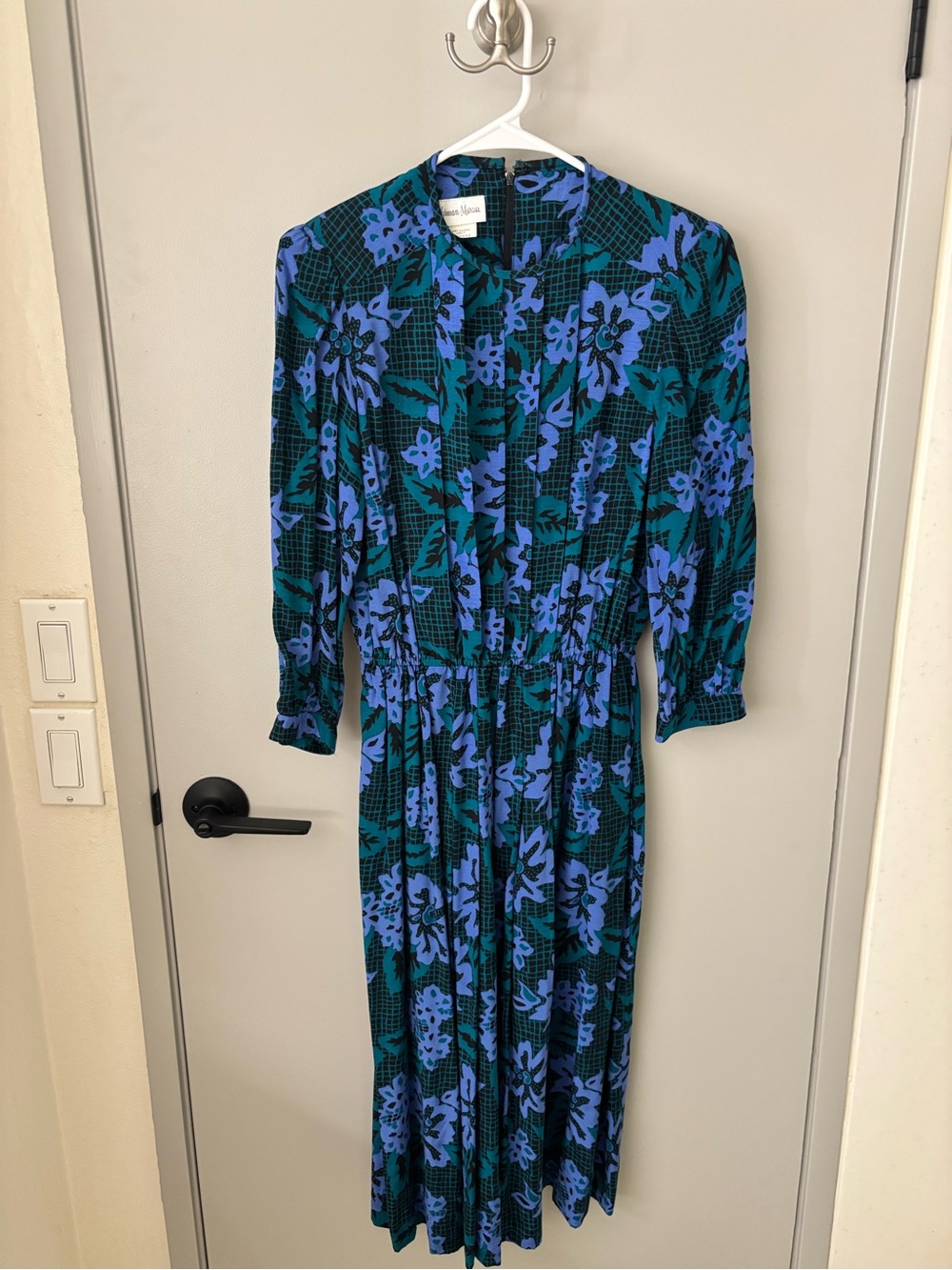 Vintage Neiman Marcus Blue Teal Floral Midi Dress
